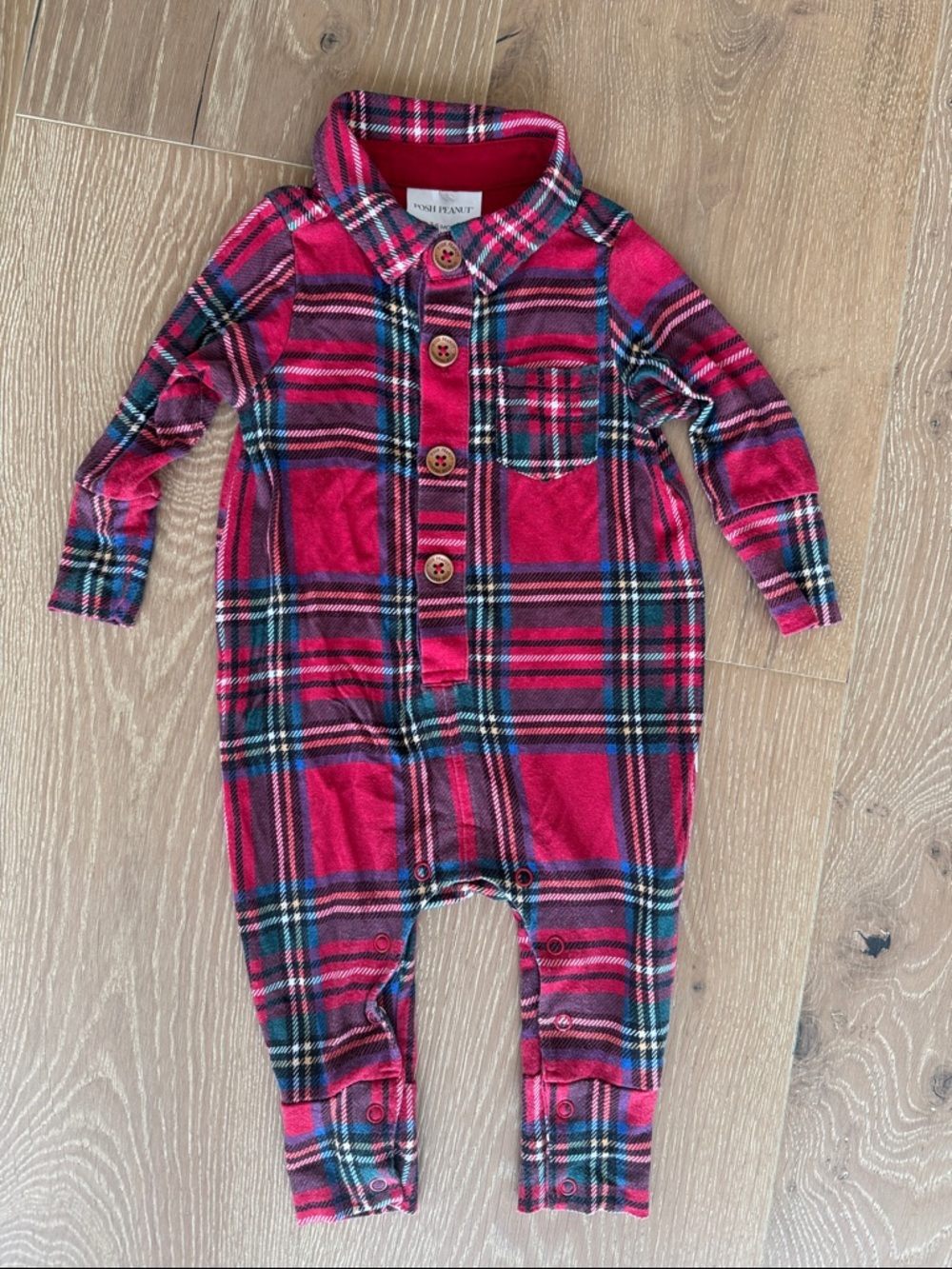Posh Peanut Red Plaid Long-Sleeve One-Piece for Kids